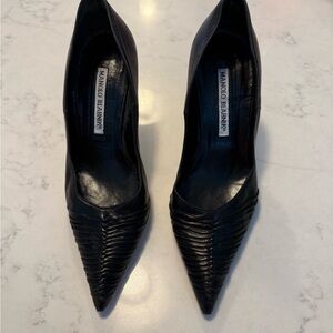 Manolo Blahnik Black Ruched Pointed-Toe Heels